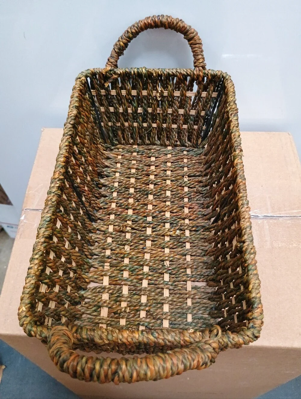 VINTAGE Coastal Woven Rectangular Storage Basket wth Handles Brown Checkerboard